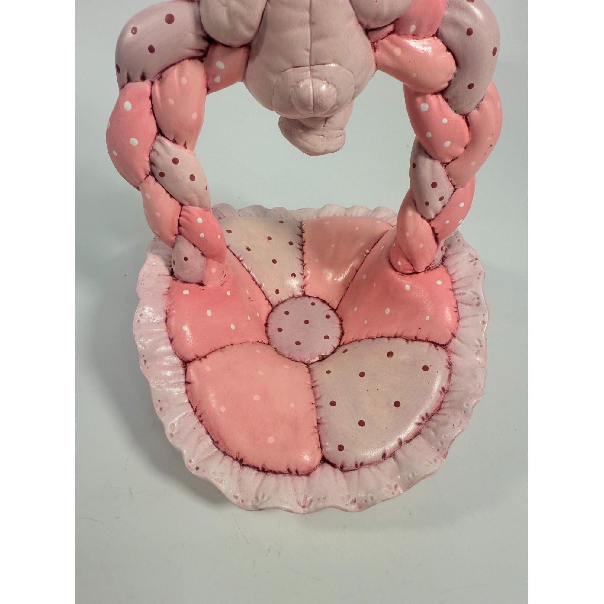 Easter Basket Ceramic Hand Painted Dana's 1985 Puffed Pillowed Ruffled Cloth Ceramic Basket Pink Polka Dot Kitschy Spring Home Decor