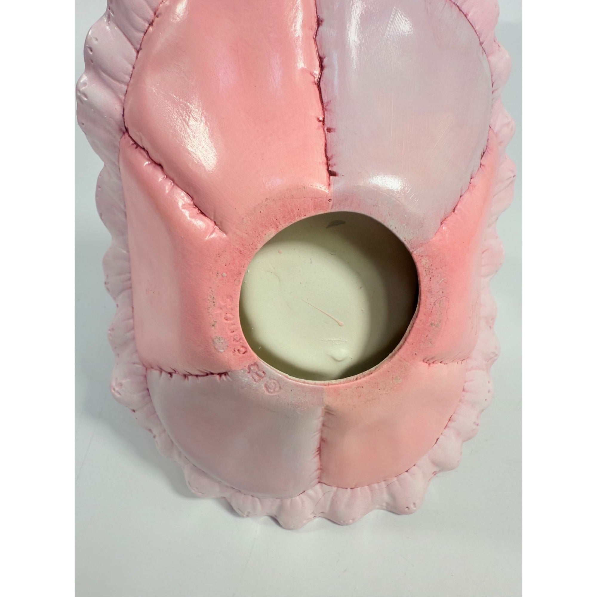 Easter Basket Ceramic Hand Painted Dana's 1985 Puffed Pillowed Ruffled Cloth Ceramic Basket Pink Polka Dot Kitschy Spring Home Decor
