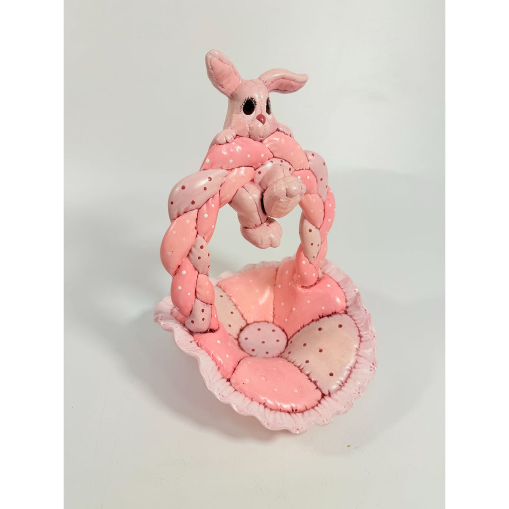 Easter Basket Ceramic Hand Painted Dana's 1985 Puffed Pillowed Ruffled Cloth Ceramic Basket Pink Polka Dot Kitschy Spring Home Decor