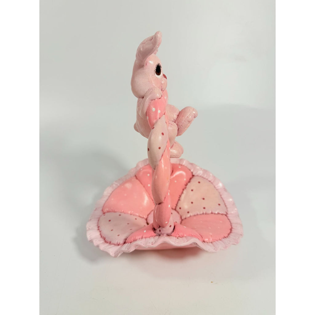 Easter Basket Ceramic Hand Painted Dana's 1985 Puffed Pillowed Ruffled Cloth Ceramic Basket Pink Polka Dot Kitschy Spring Home Decor