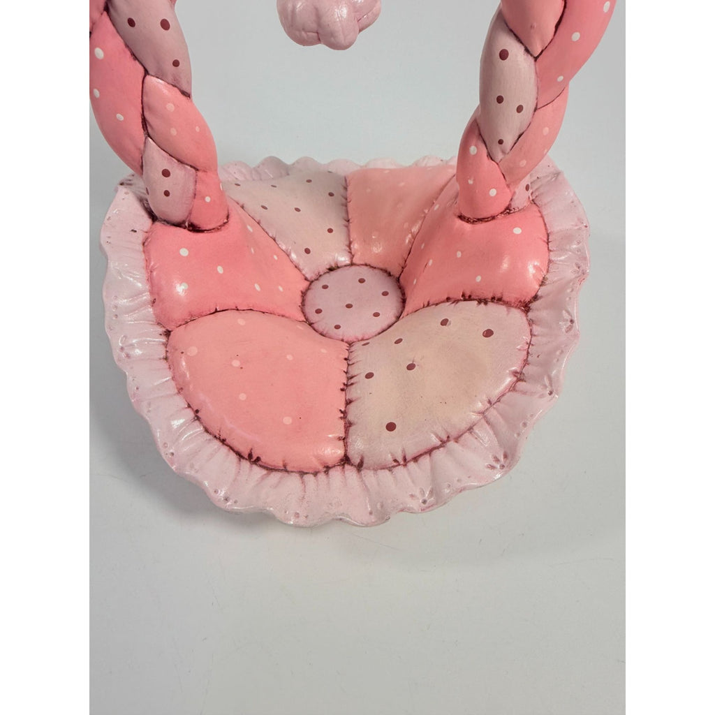 Easter Basket Ceramic Hand Painted Dana's 1985 Puffed Pillowed Ruffled Cloth Ceramic Basket Pink Polka Dot Kitschy Spring Home Decor