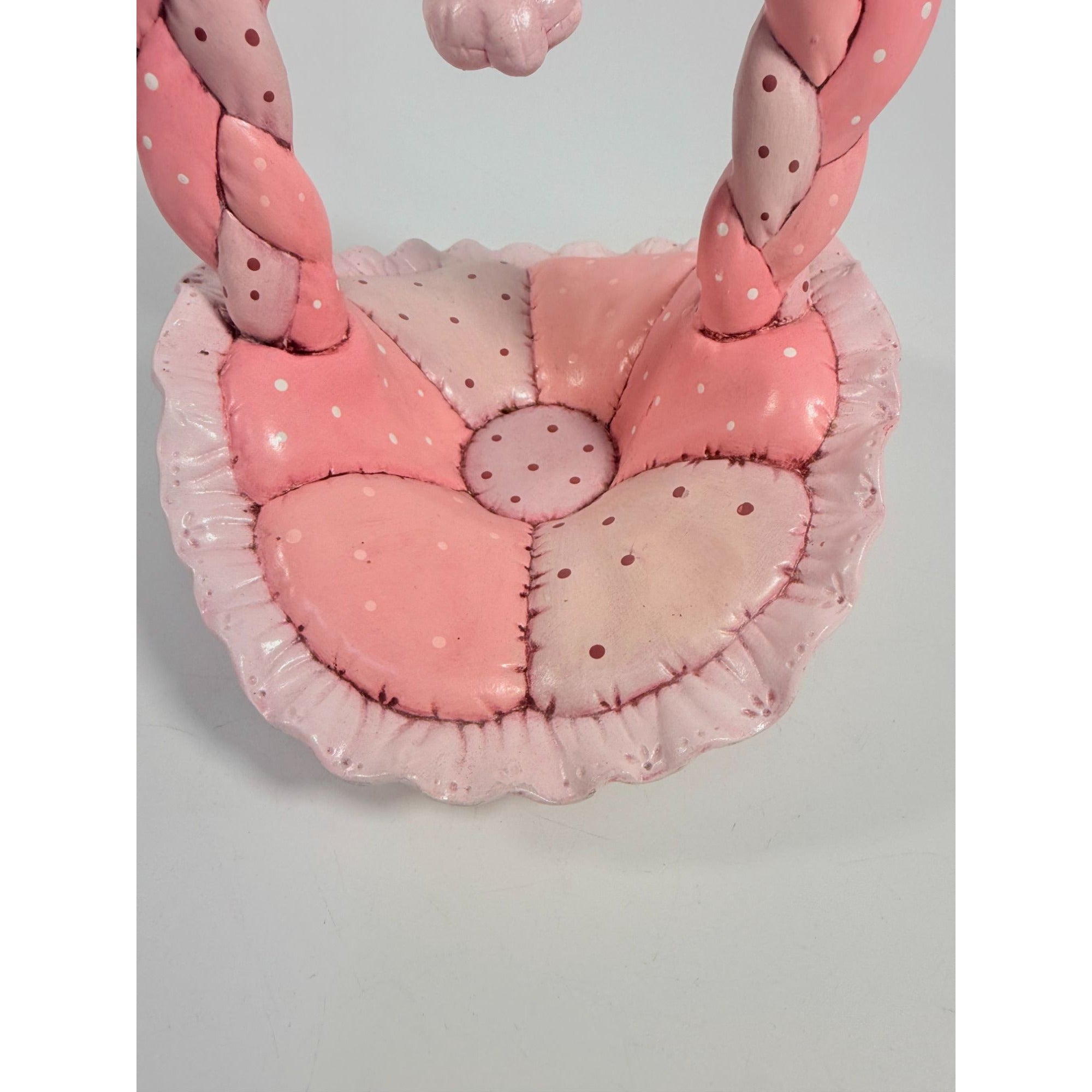 Easter Basket Ceramic Hand Painted Dana's 1985 Puffed Pillowed Ruffled Cloth Ceramic Basket Pink Polka Dot Kitschy Spring Home Decor
