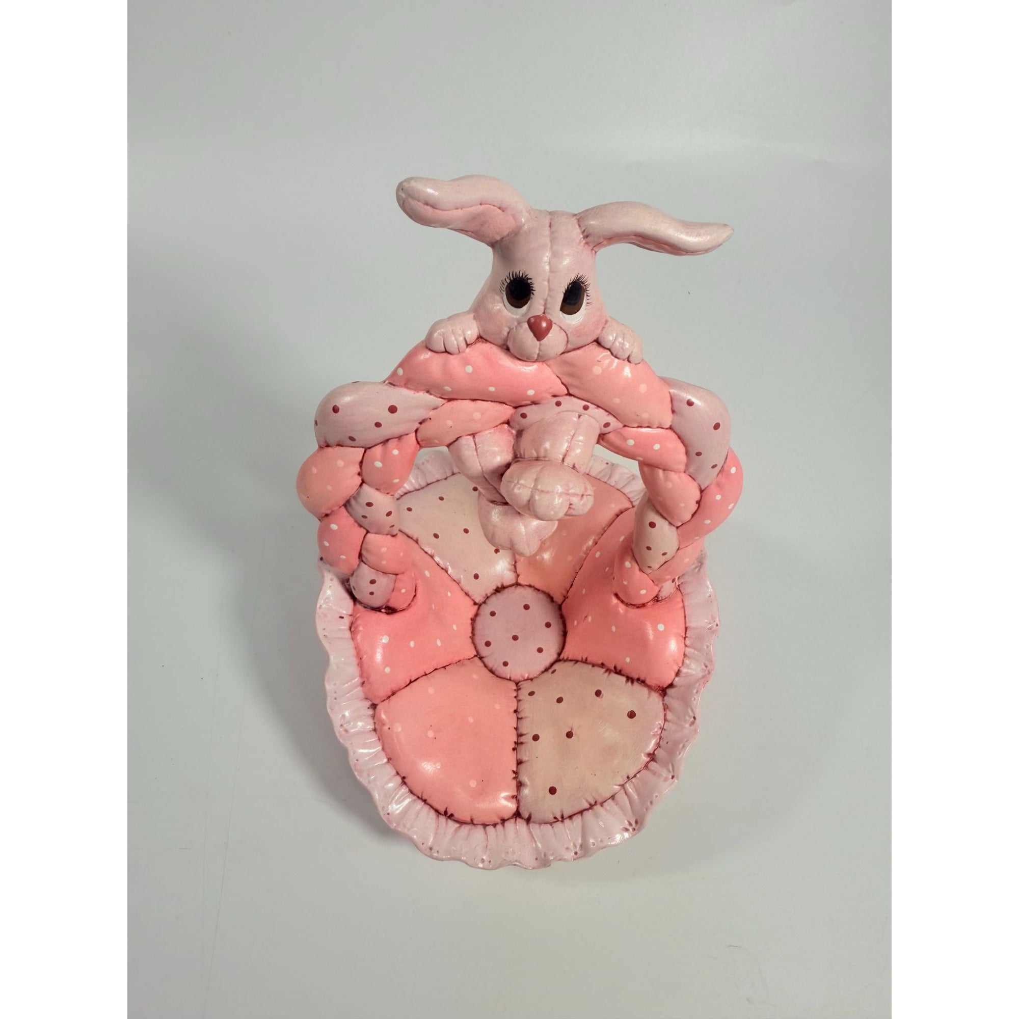 Easter Basket Ceramic Hand Painted Dana's 1985 Puffed Pillowed Ruffled Cloth Ceramic Basket Pink Polka Dot Kitschy Spring Home Decor