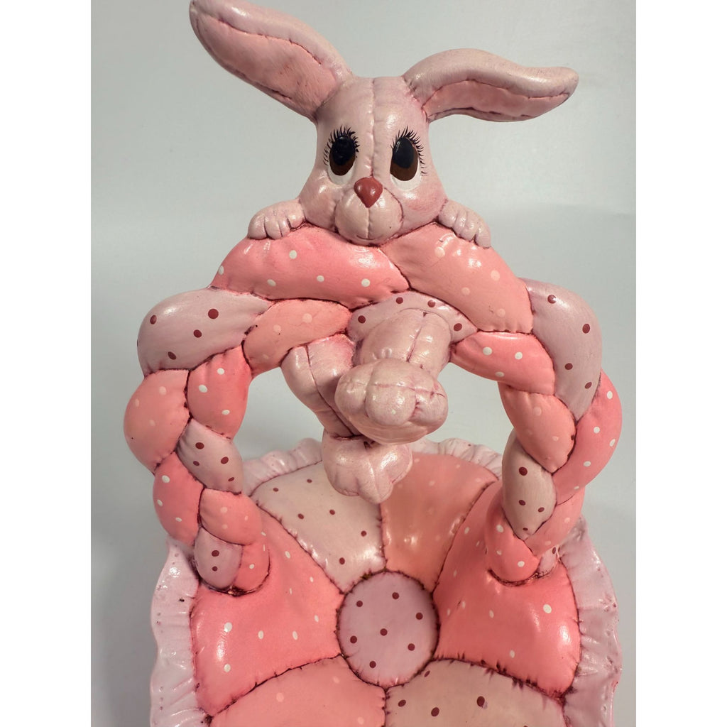 Easter Basket Ceramic Hand Painted Dana's 1985 Puffed Pillowed Ruffled Cloth Ceramic Basket Pink Polka Dot Kitschy Spring Home Decor