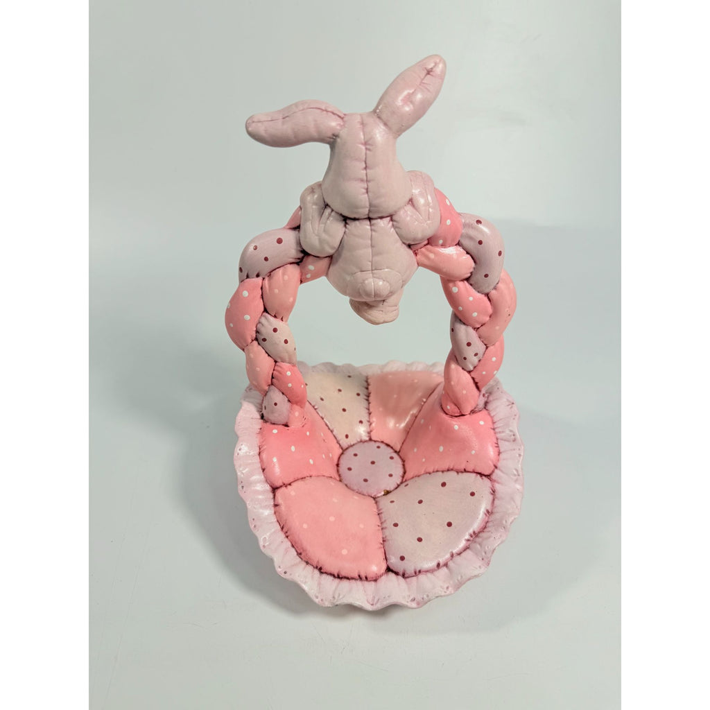 Easter Basket Ceramic Hand Painted Dana's 1985 Puffed Pillowed Ruffled Cloth Ceramic Basket Pink Polka Dot Kitschy Spring Home Decor