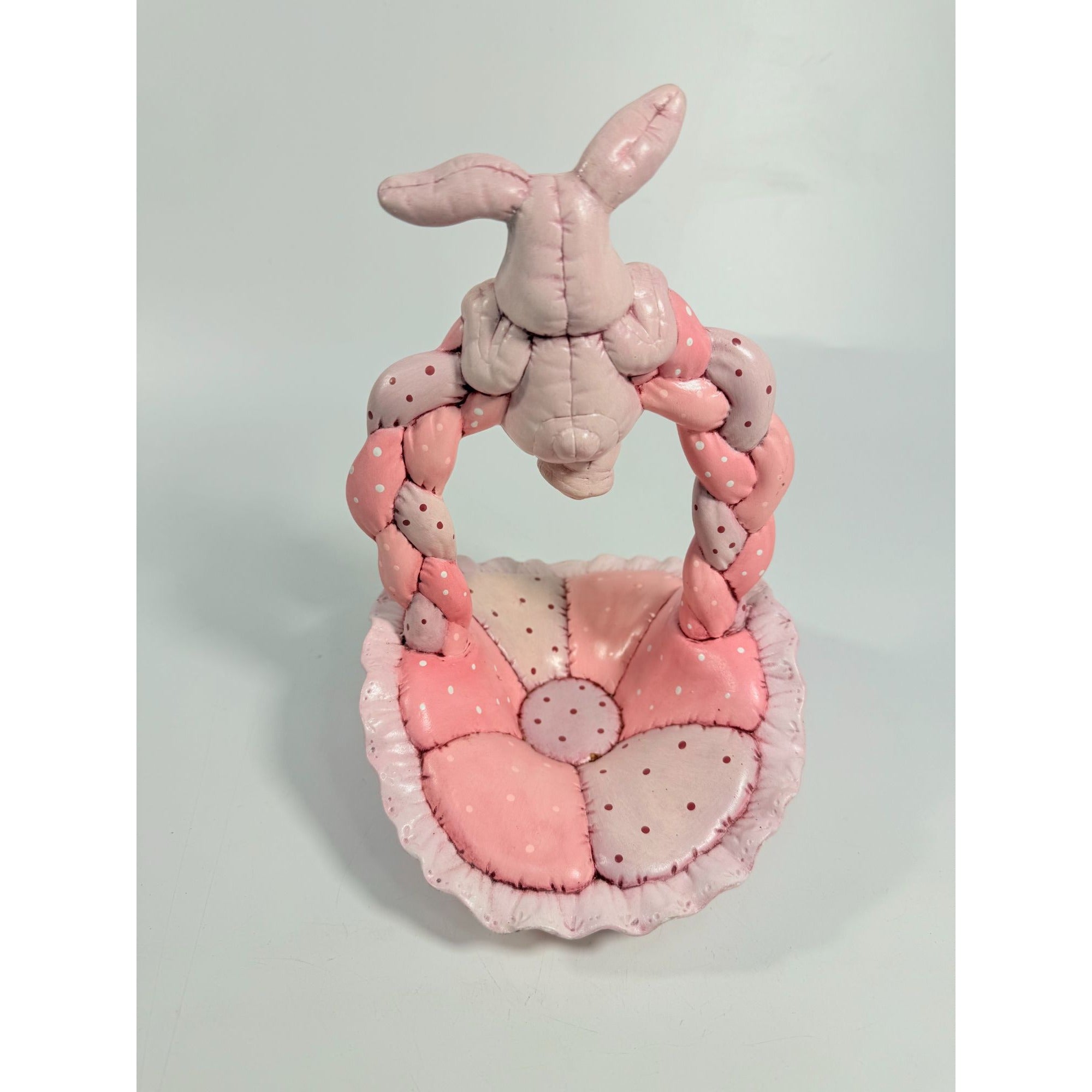 Easter Basket Ceramic Hand Painted Dana's 1985 Puffed Pillowed Ruffled Cloth Ceramic Basket Pink Polka Dot Kitschy Spring Home Decor