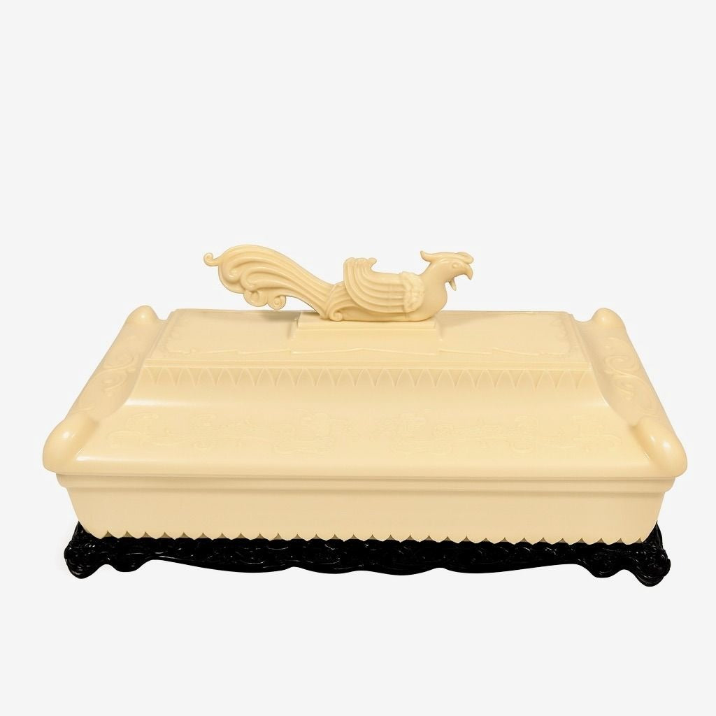 Dresser Jewelry Box Early Celluloid Asian Dragon and Pheasant Alden Plastics Corps Vintage Chiniosiere Cream Black Boudoir Trinket Oriental