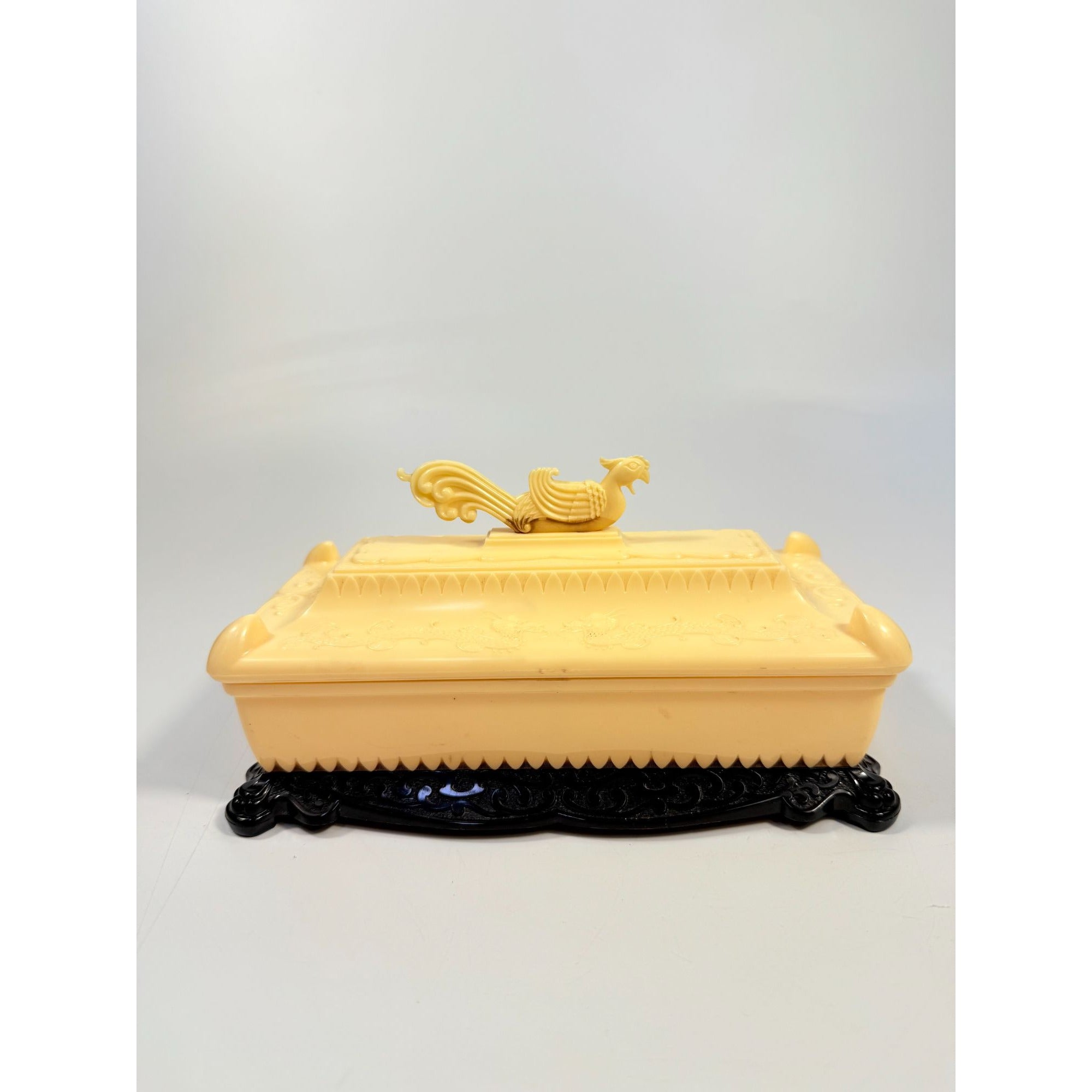 Dresser Jewelry Box Early Celluloid Asian Dragon and Pheasant Alden Plastics Corps Vintage Chiniosiere Cream Black Boudoir Trinket Oriental