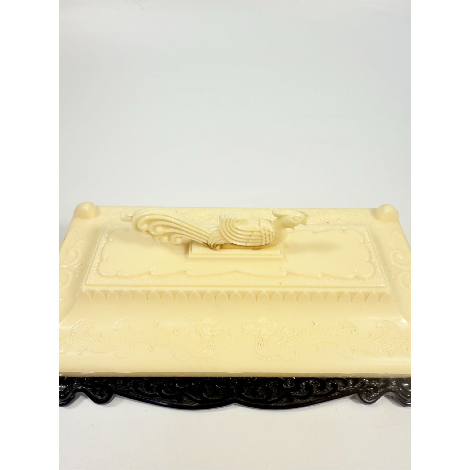 Dresser Jewelry Box Early Celluloid Asian Dragon and Pheasant Alden Plastics Corps Vintage Chiniosiere Cream Black Boudoir Trinket Oriental