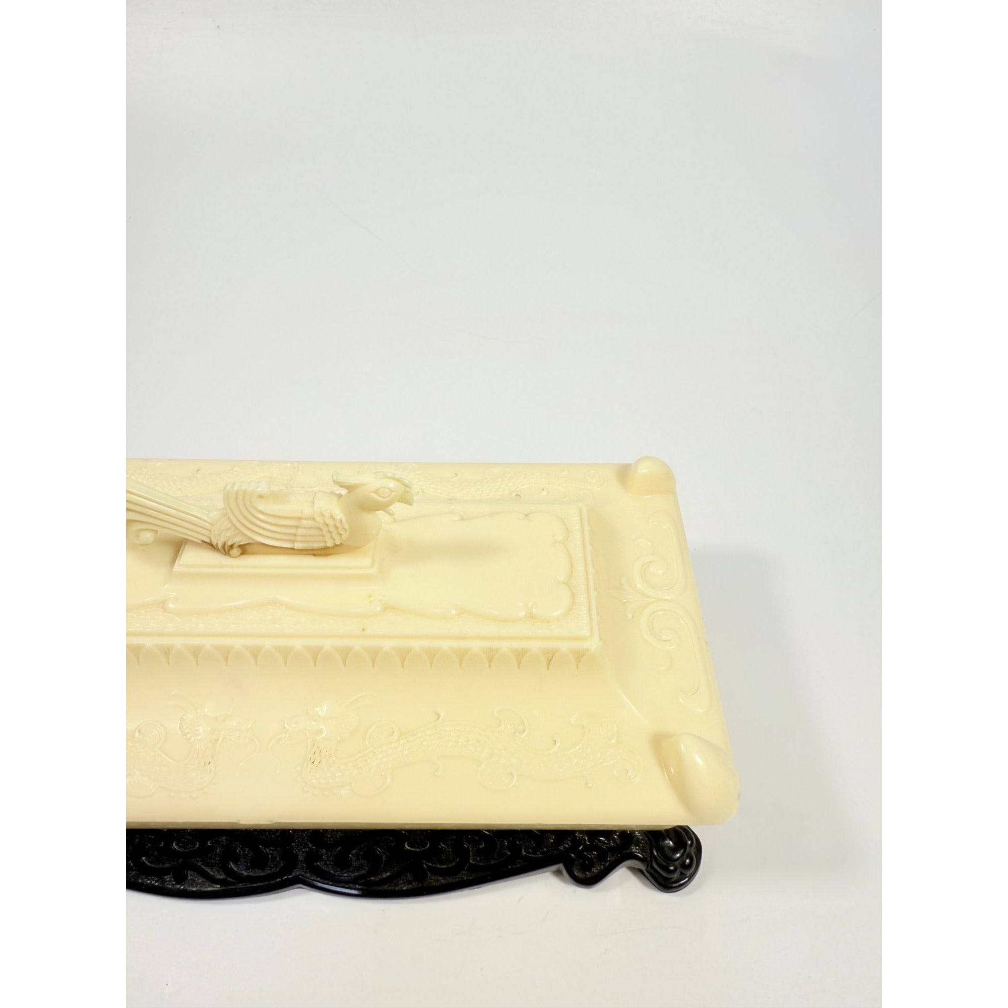 Dresser Jewelry Box Early Celluloid Asian Dragon and Pheasant Alden Plastics Corps Vintage Chiniosiere Cream Black Boudoir Trinket Oriental