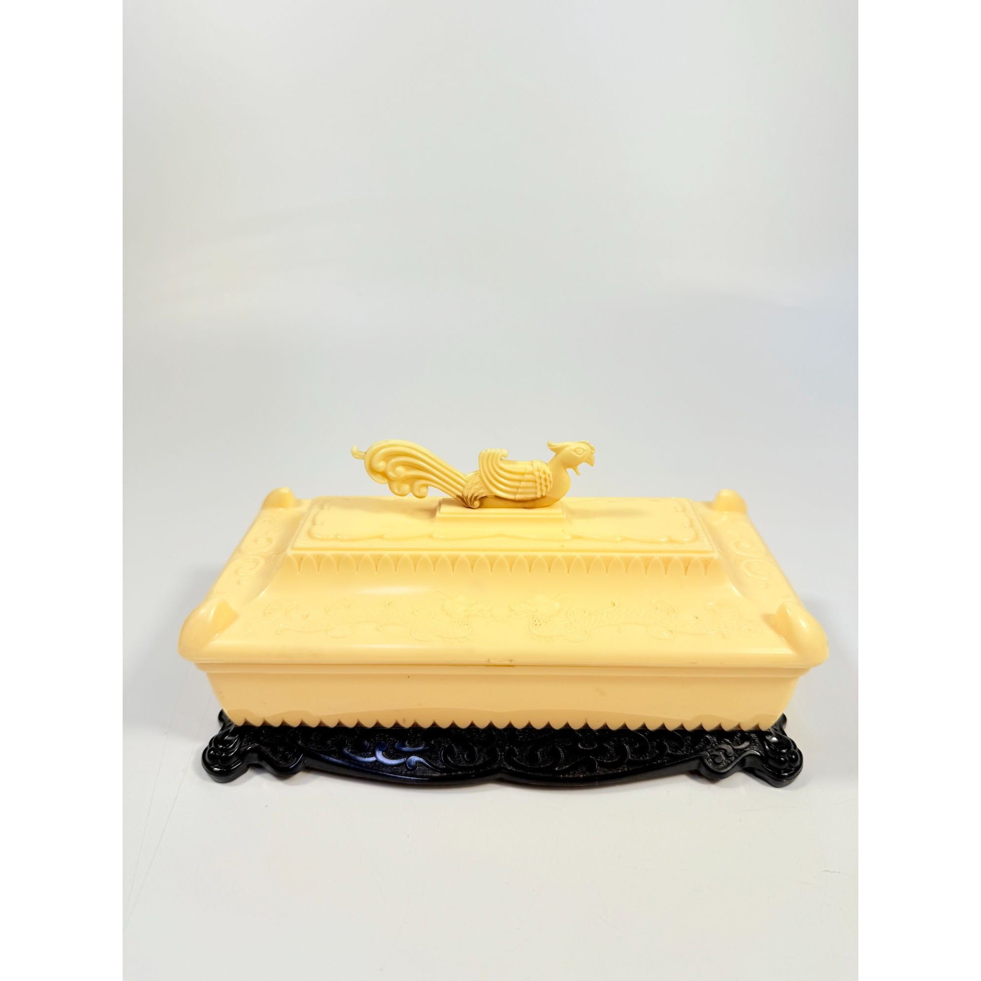 Dresser Jewelry Box Early Celluloid Asian Dragon and Pheasant Alden Plastics Corps Vintage Chiniosiere Cream Black Boudoir Trinket Oriental