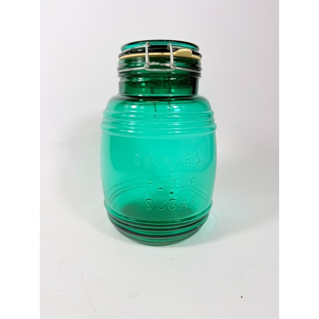 Glass Canister Turquoise Blue Cracker Barrel Style Jar 2QT Cookies Flour Sugar Wire Clasp Kitchenware Home Decor Collectible