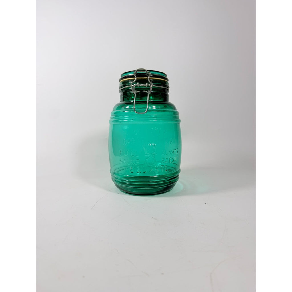 Glass Canister Turquoise Blue Cracker Barrel Style Jar 2QT Cookies Flour Sugar Wire Clasp Kitchenware Home Decor Collectible