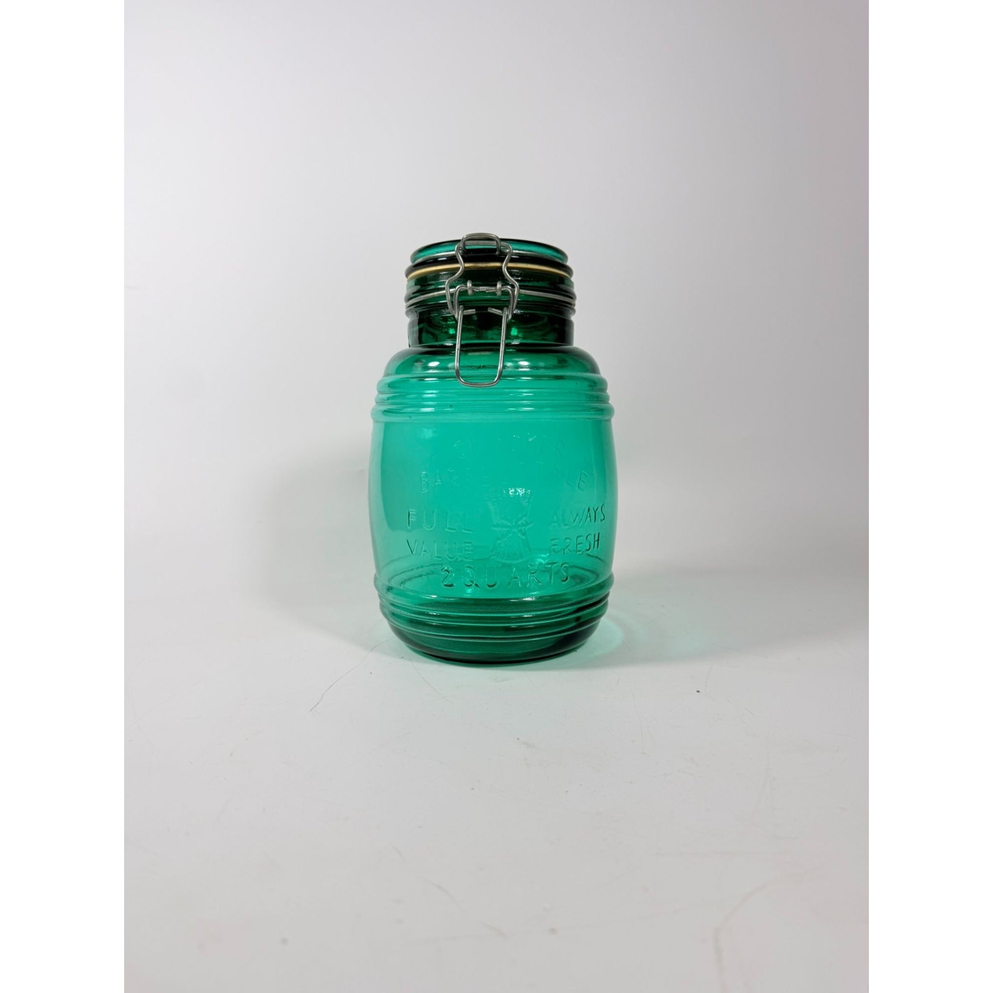 Glass Canister Turquoise Blue Cracker Barrel Style Jar 2QT Cookies Flour Sugar Wire Clasp Kitchenware Home Decor Collectible