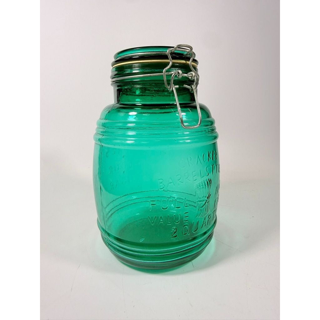 Glass Canister Turquoise Blue Cracker Barrel Style Jar 2QT Cookies Flour Sugar Wire Clasp Kitchenware Home Decor Collectible