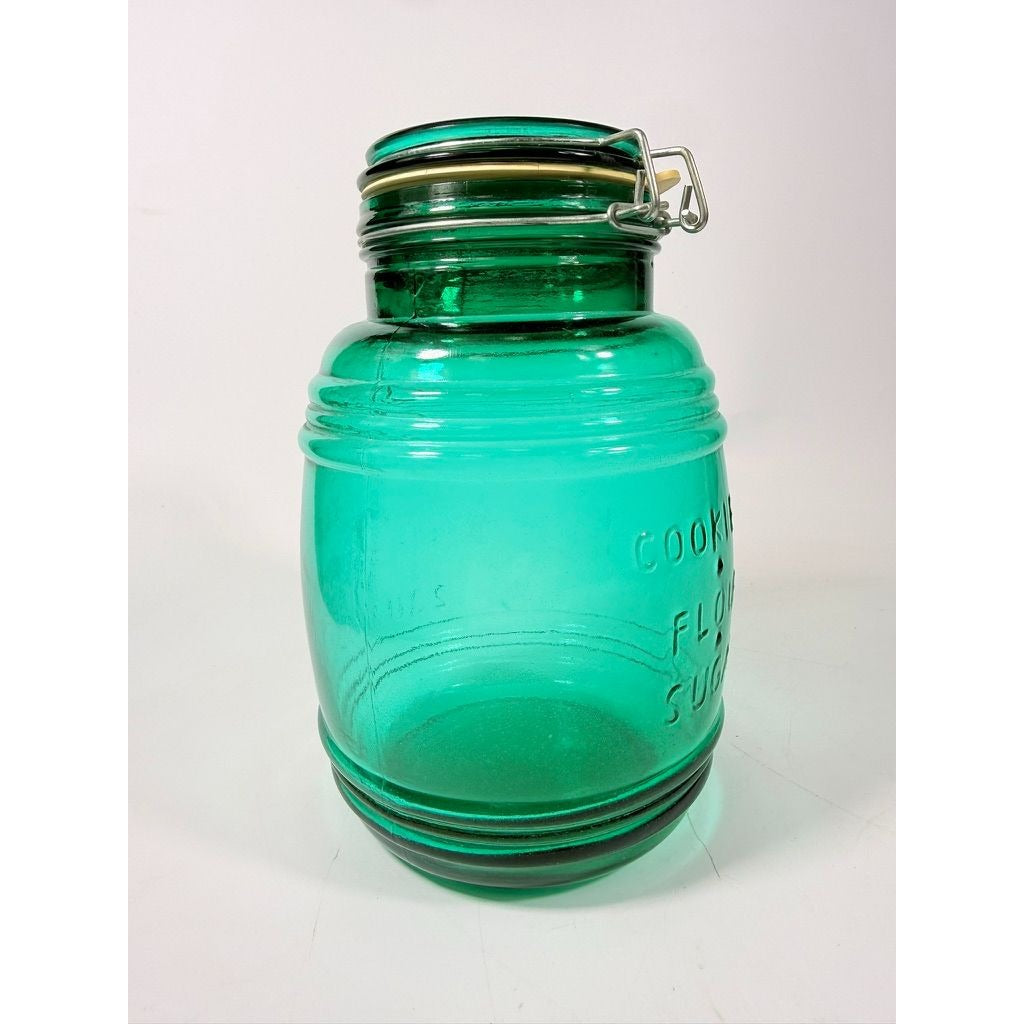 Glass Canister Turquoise Blue Cracker Barrel Style Jar 2QT Cookies Flour Sugar Wire Clasp Kitchenware Home Decor Collectible