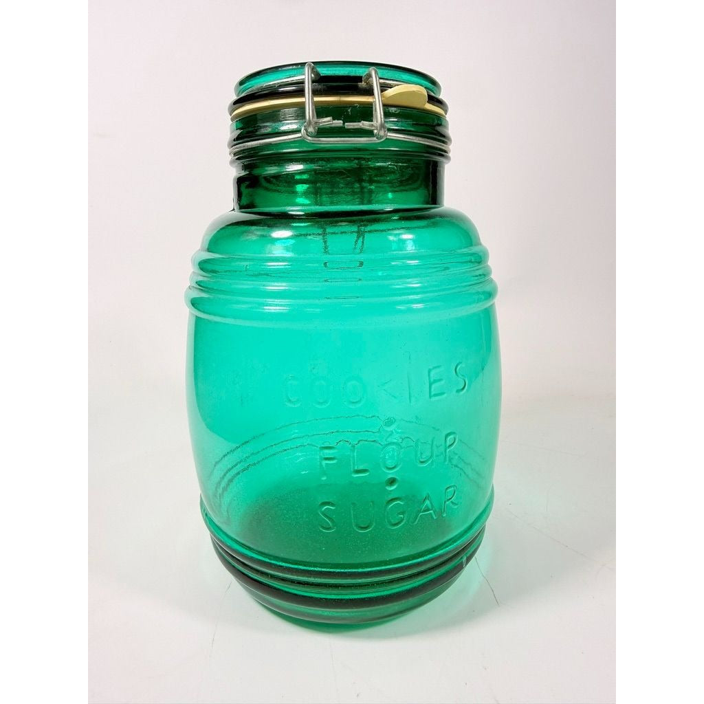 Glass Canister Turquoise Blue Cracker Barrel Style Jar 2QT Cookies Flour Sugar Wire Clasp Kitchenware Home Decor Collectible