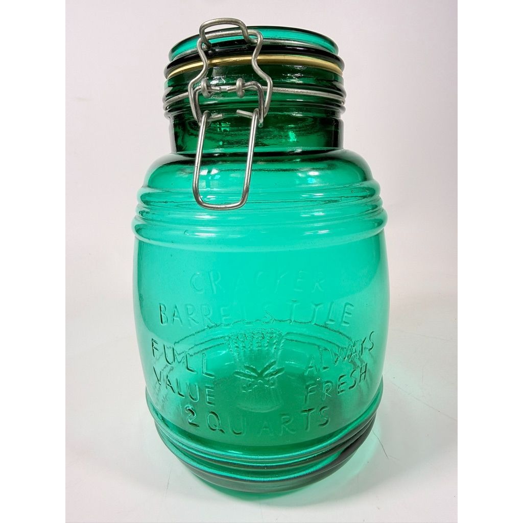 Glass Canister Turquoise Blue Cracker Barrel Style Jar 2QT Cookies Flour Sugar Wire Clasp Kitchenware Home Decor Collectible