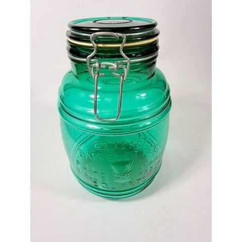 Glass Canister Turquoise Blue Cracker Barrel Style Jar 2QT Cookies Flour Sugar Wire Clasp Kitchenware Home Decor Collectible