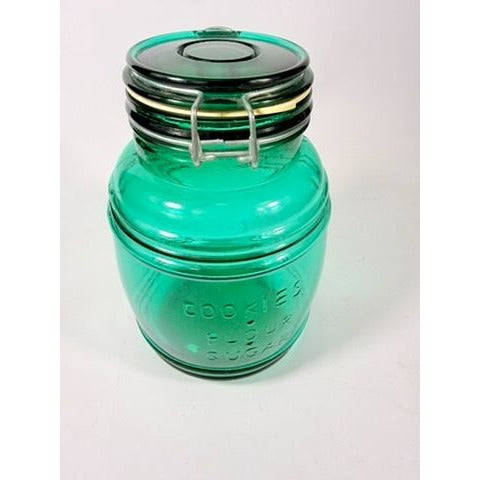 Glass Canister Turquoise Blue Cracker Barrel Style Jar 2QT Cookies Flour Sugar Wire Clasp Kitchenware Home Decor Collectible