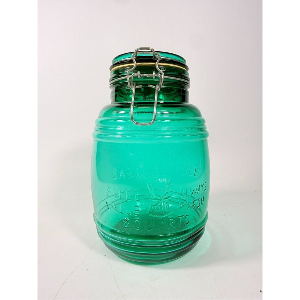 Glass Canister Turquoise Blue Cracker Barrel Style Jar 2QT Cookies Flour Sugar Wire Clasp Kitchenware Home Decor Collectible