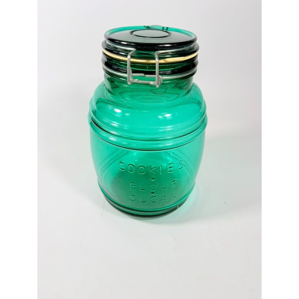Glass Canister Turquoise Blue Cracker Barrel Style Jar 2QT Cookies Flour Sugar Wire Clasp Kitchenware Home Decor Collectible