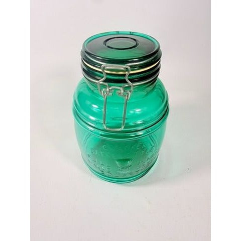 Glass Canister Turquoise Blue Cracker Barrel Style Jar 2QT Cookies Flour Sugar Wire Clasp Kitchenware Home Decor Collectible