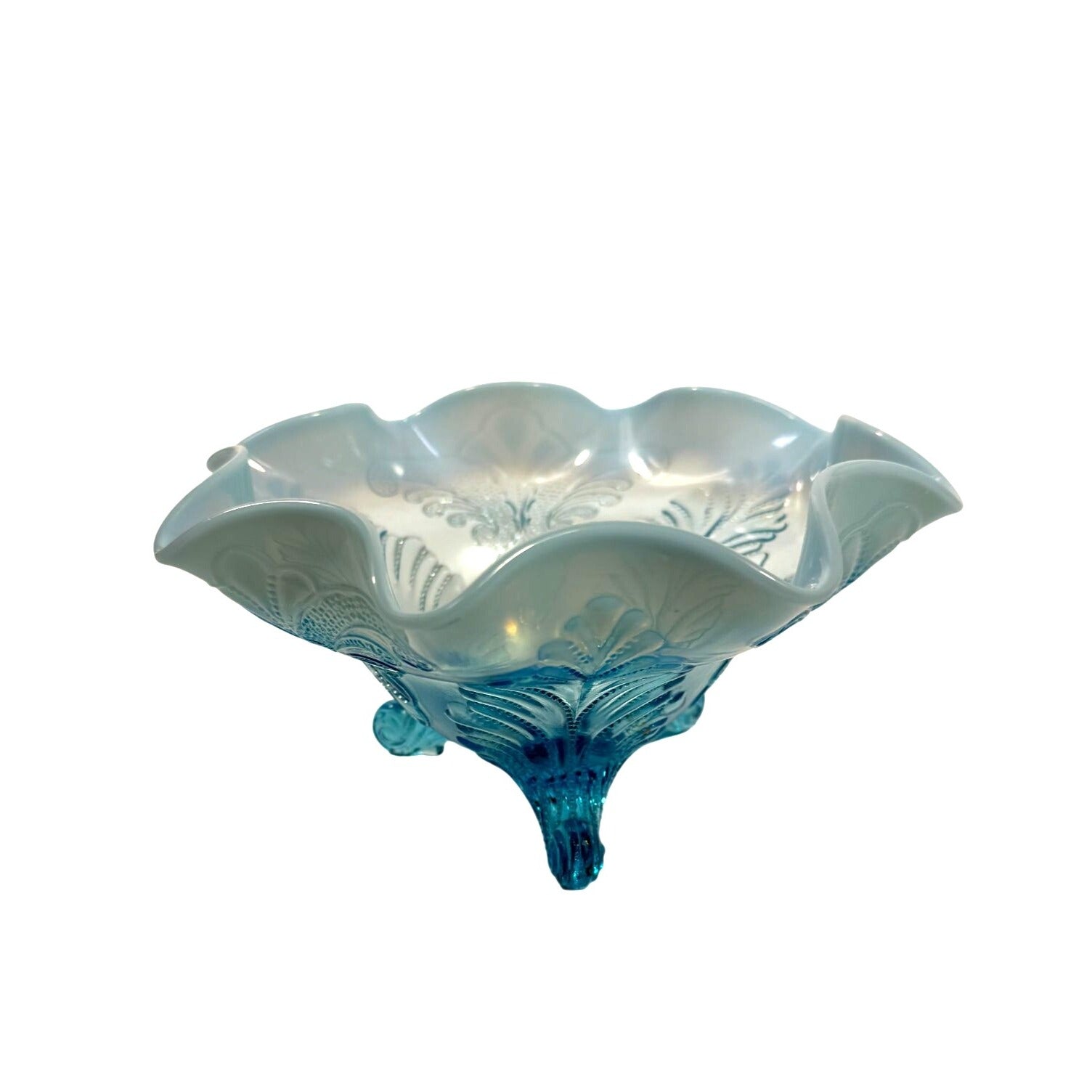 Antique Early 1900's Dugan Glass Blue Opalescent Footed Ruffled Bowl
