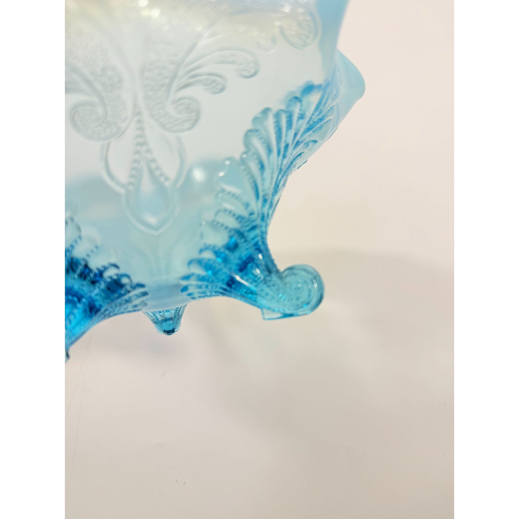 Antique Early 1900's Dugan Glass Blue Opalescent Footed Ruffled Bowl