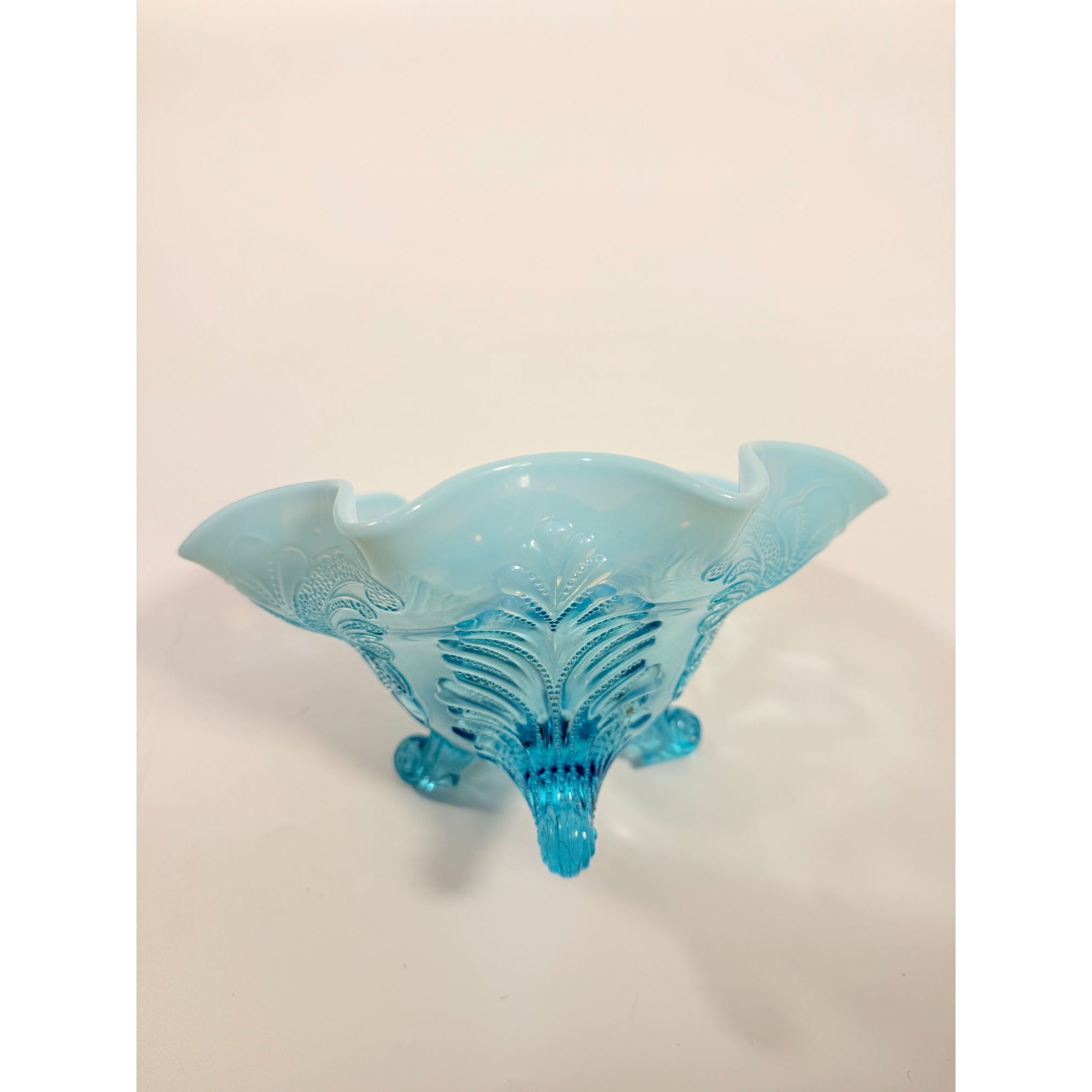 Antique Early 1900's Dugan Glass Blue Opalescent Footed Ruffled Bowl