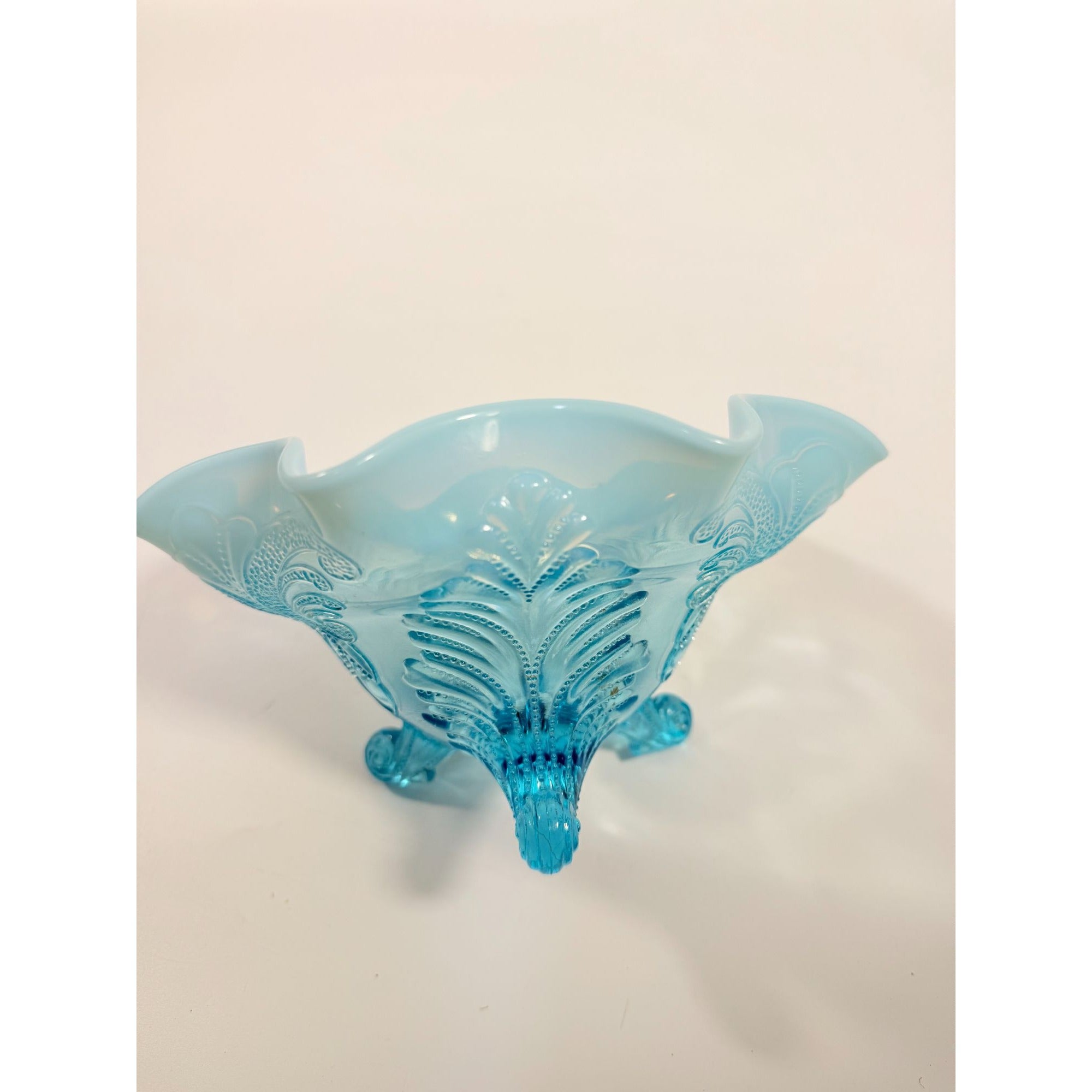 Antique Early 1900's Dugan Glass Blue Opalescent Footed Ruffled Bowl
