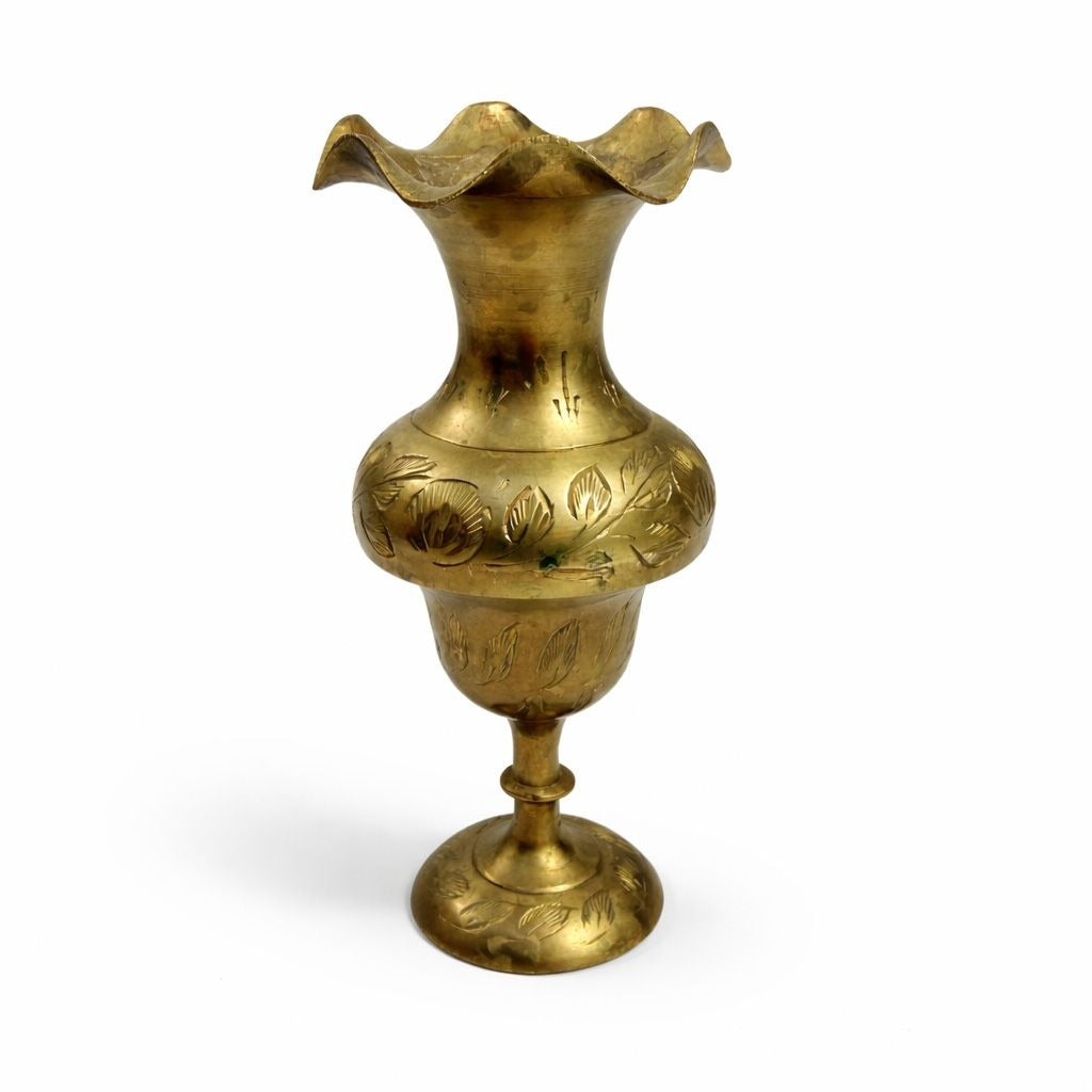 Hand-Etched Brass Bud Vase India Ornate Floral Design Vintage Boho Decor Small Ruffled Edge Shelf Home Decor Decorative Accents