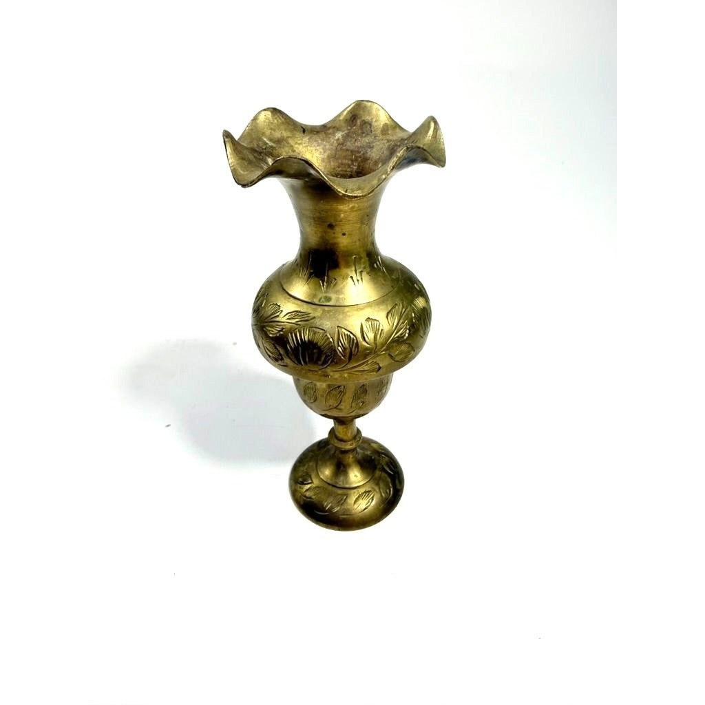 Hand-Etched Brass Bud Vase India Ornate Floral Design Vintage Boho Decor Small Ruffled Edge Shelf Home Decor Decorative Accents