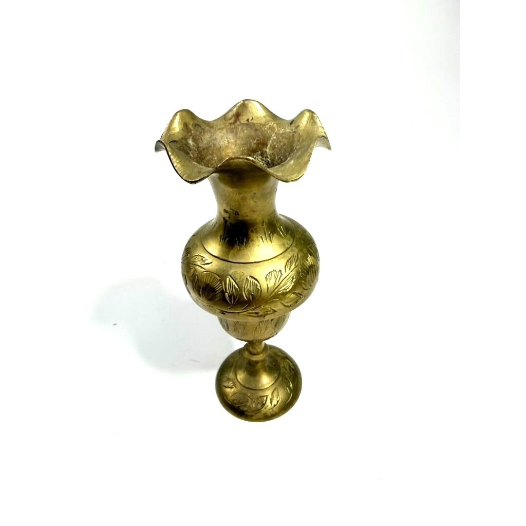 Hand-Etched Brass Bud Vase India Ornate Floral Design Vintage Boho Decor Small Ruffled Edge Shelf Home Decor Decorative Accents