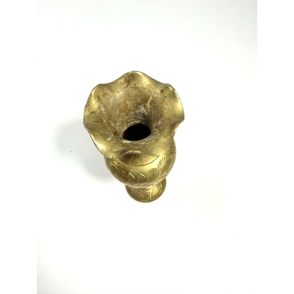 Hand-Etched Brass Bud Vase India Ornate Floral Design Vintage Boho Decor Small Ruffled Edge Shelf Home Decor Decorative Accents