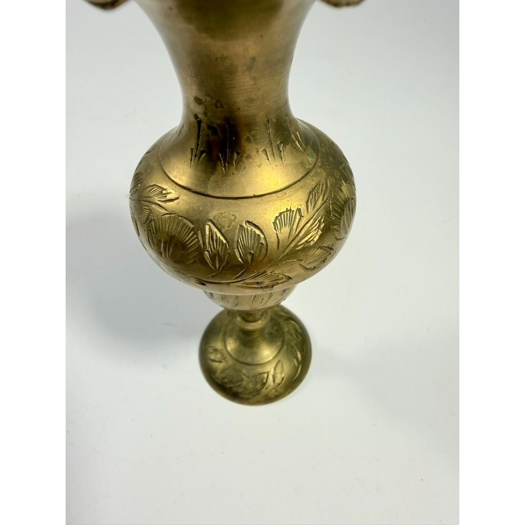 Hand-Etched Brass Bud Vase India Ornate Floral Design Vintage Boho Decor Small Ruffled Edge Shelf Home Decor Decorative Accents