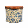 Pottery Crock Low Quart Robinson Ransbottom Co Blue Spongeware Wood Lid Vintage Hand Painted Kitchenware Farmhouse Primitive Country Granny