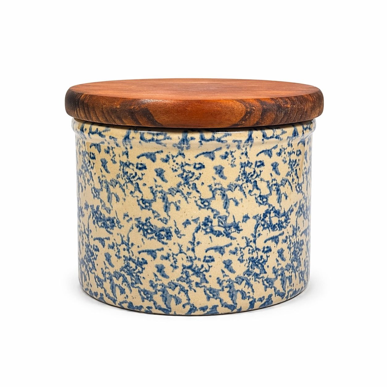 Pottery Crock Low Quart Robinson Ransbottom Co Blue Spongeware Wood Lid Vintage Hand Painted Kitchenware Farmhouse Primitive Country Granny