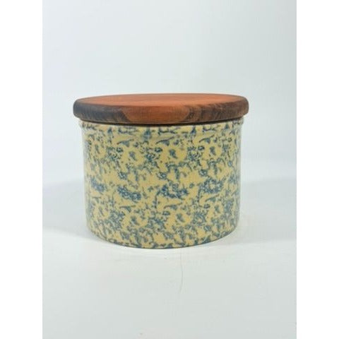 Pottery Crock Low Quart Robinson Ransbottom Co Blue Spongeware Wood Lid Vintage Hand Painted Kitchenware Farmhouse Primitive Country Granny