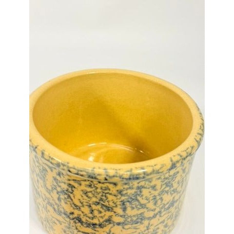Pottery Crock Low Quart Robinson Ransbottom Co Blue Spongeware Wood Lid Vintage Hand Painted Kitchenware Farmhouse Primitive Country Granny