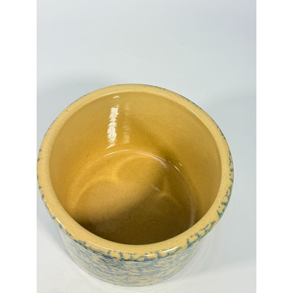 Pottery Crock Low Quart Robinson Ransbottom Co Blue Spongeware Wood Lid Vintage Hand Painted Kitchenware Farmhouse Primitive Country Granny