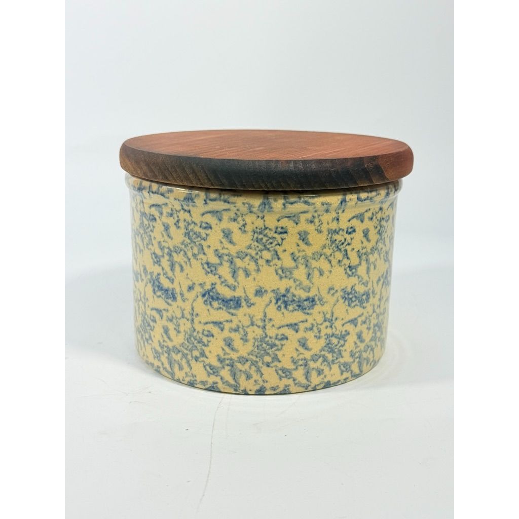 Pottery Crock Low Quart Robinson Ransbottom Co Blue Spongeware Wood Lid Vintage Hand Painted Kitchenware Farmhouse Primitive Country Granny