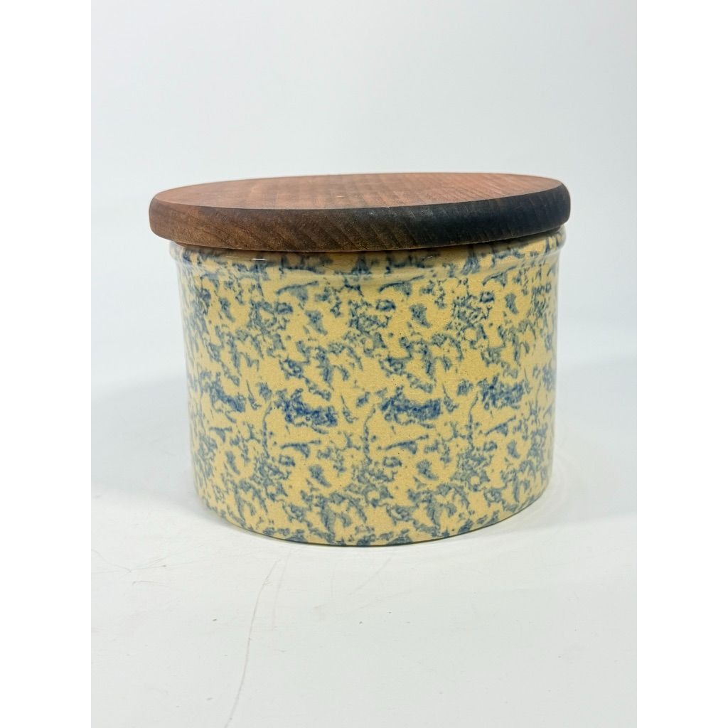 Pottery Crock Low Quart Robinson Ransbottom Co Blue Spongeware Wood Lid Vintage Hand Painted Kitchenware Farmhouse Primitive Country Granny