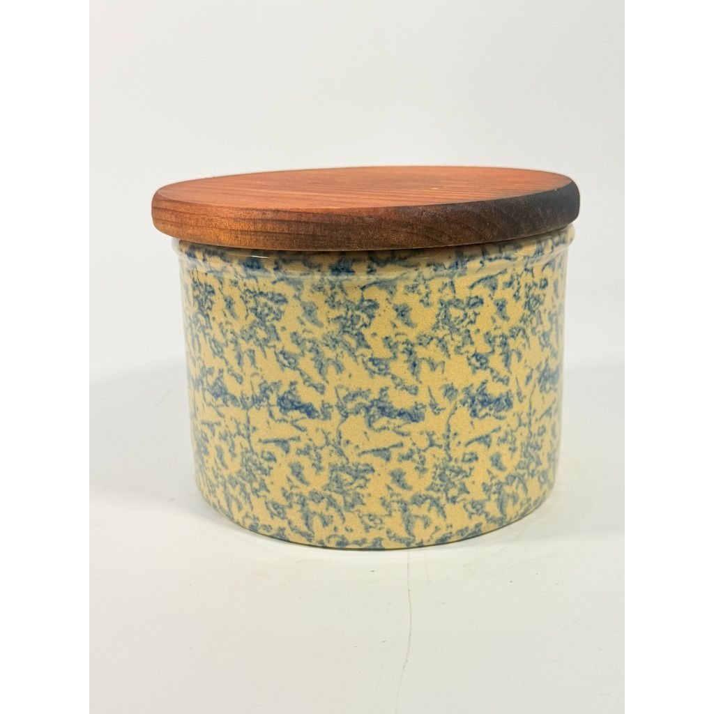 Pottery Crock Low Quart Robinson Ransbottom Co Blue Spongeware Wood Lid Vintage Hand Painted Kitchenware Farmhouse Primitive Country Granny