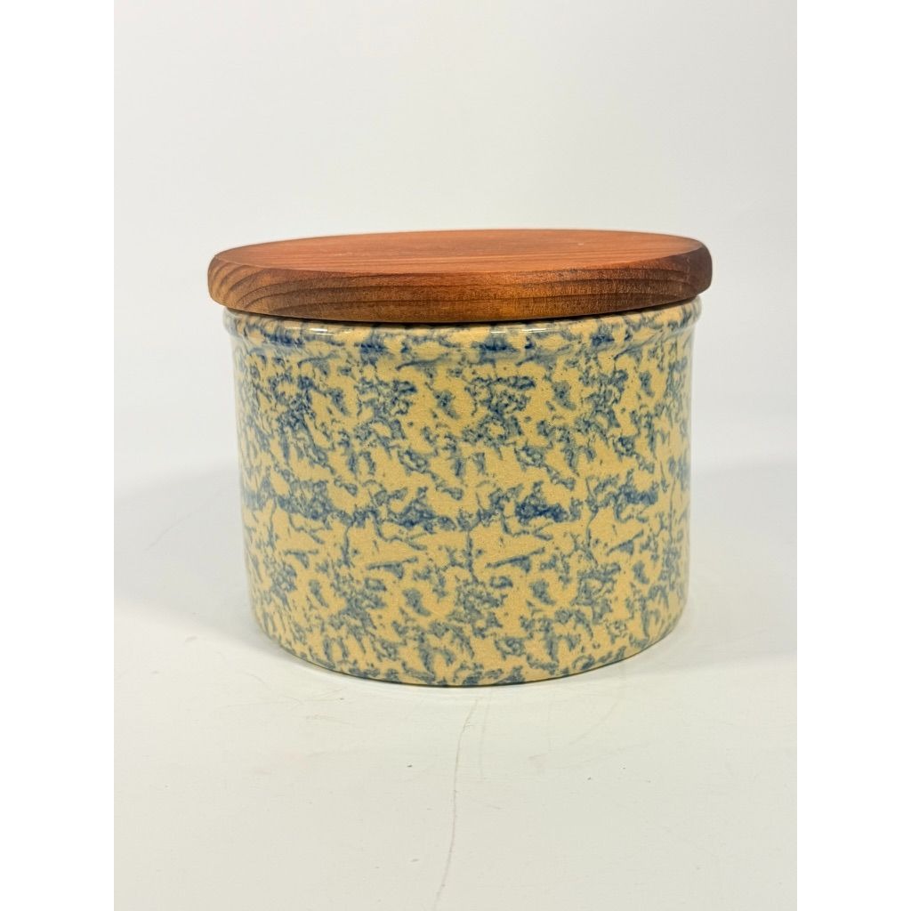 Pottery Crock Low Quart Robinson Ransbottom Co Blue Spongeware Wood Lid Vintage Hand Painted Kitchenware Farmhouse Primitive Country Granny