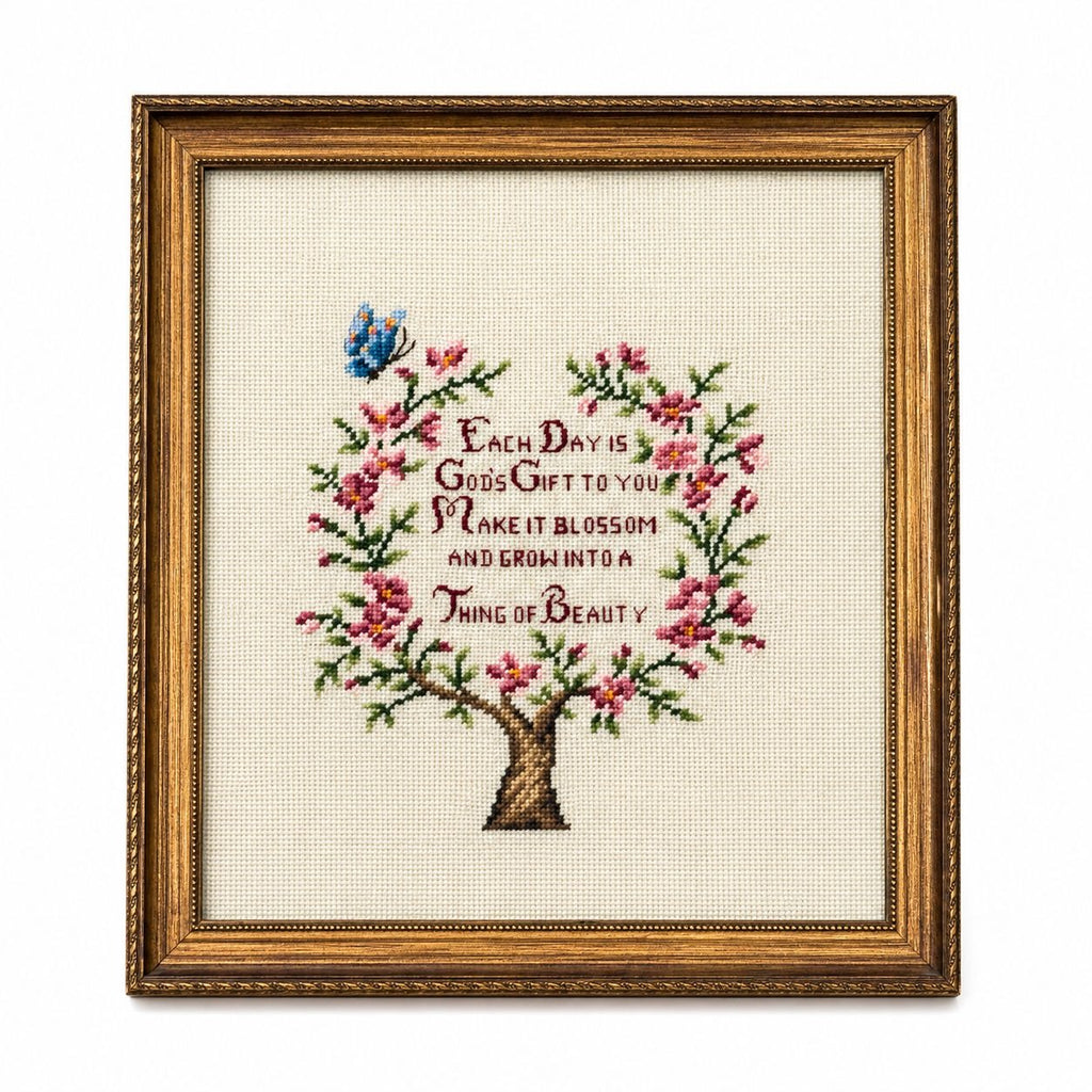 Framed Crewel Needlepoint Art Floral Work Each Day Gift to you Make it Bloom and Grow Handmade Granny Cottrage Core Wall Home Decor Gallery