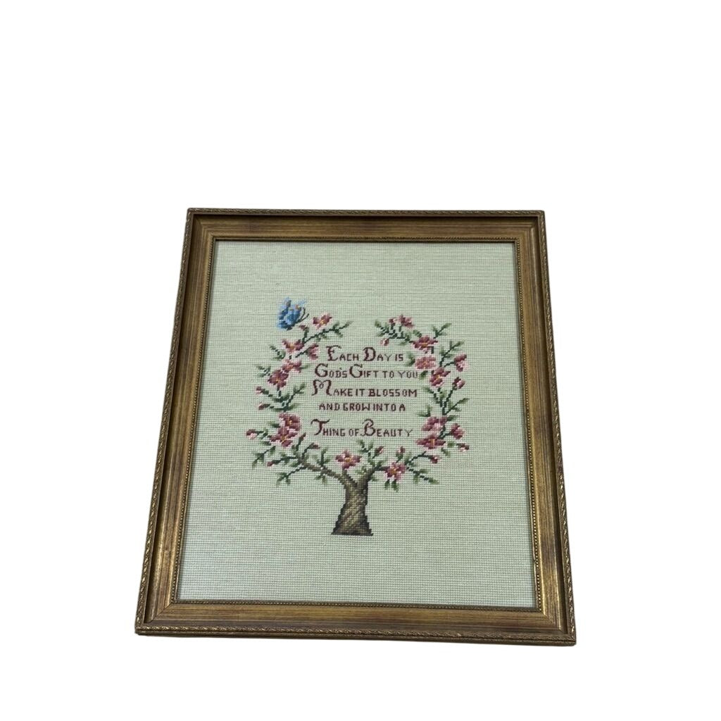 Framed Crewel Needlepoint Art Floral Work Each Day Gift to you Make it Bloom and Grow Handmade Granny Cottrage Core Wall Home Decor Gallery