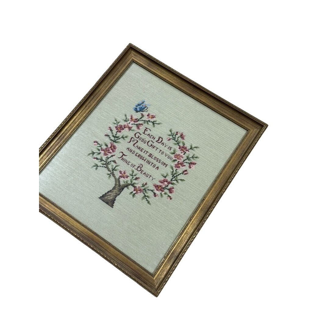 Framed Crewel Needlepoint Art Floral Work Each Day Gift to you Make it Bloom and Grow Handmade Granny Cottrage Core Wall Home Decor Gallery