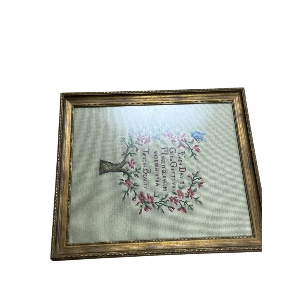 Framed Crewel Needlepoint Art Floral Work Each Day Gift to you Make it Bloom and Grow Handmade Granny Cottrage Core Wall Home Decor Gallery