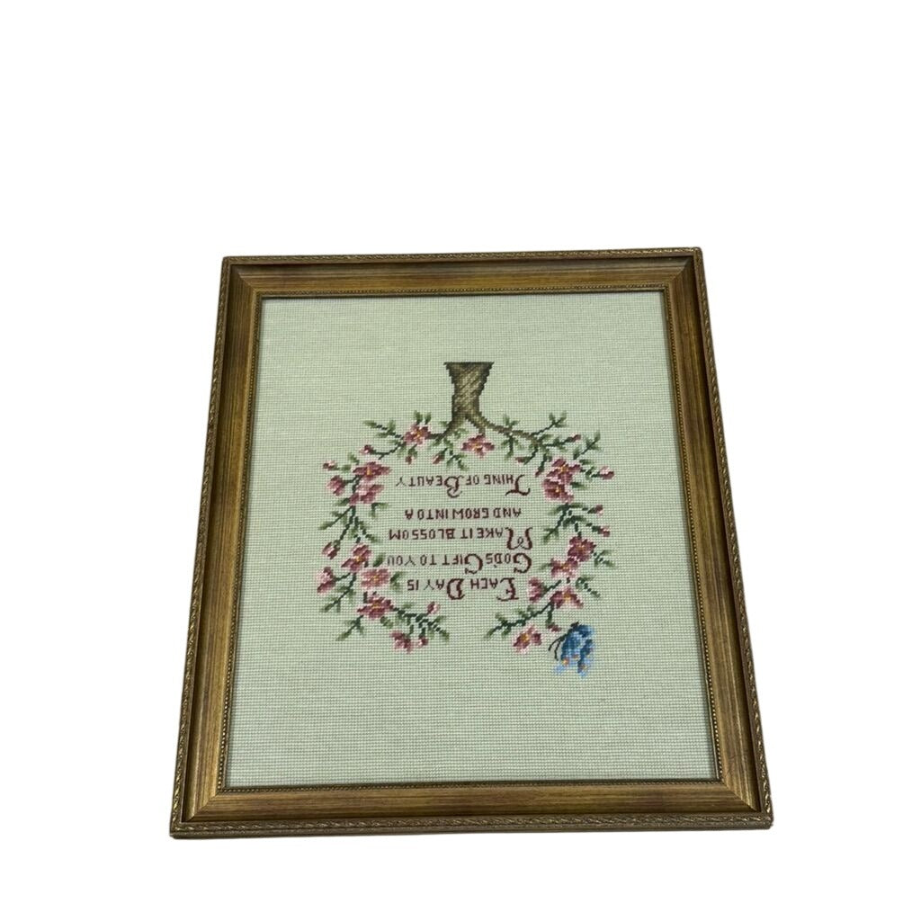 Framed Crewel Needlepoint Art Floral Work Each Day Gift to you Make it Bloom and Grow Handmade Granny Cottrage Core Wall Home Decor Gallery